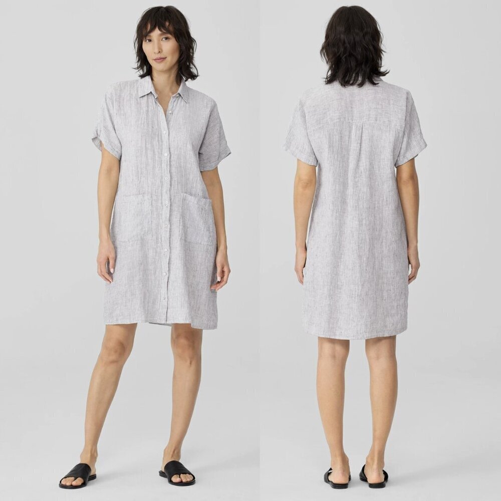 Eileen Fisher Striped Short Sleeve Linen Button Front Shirt Dress Pockets, SP